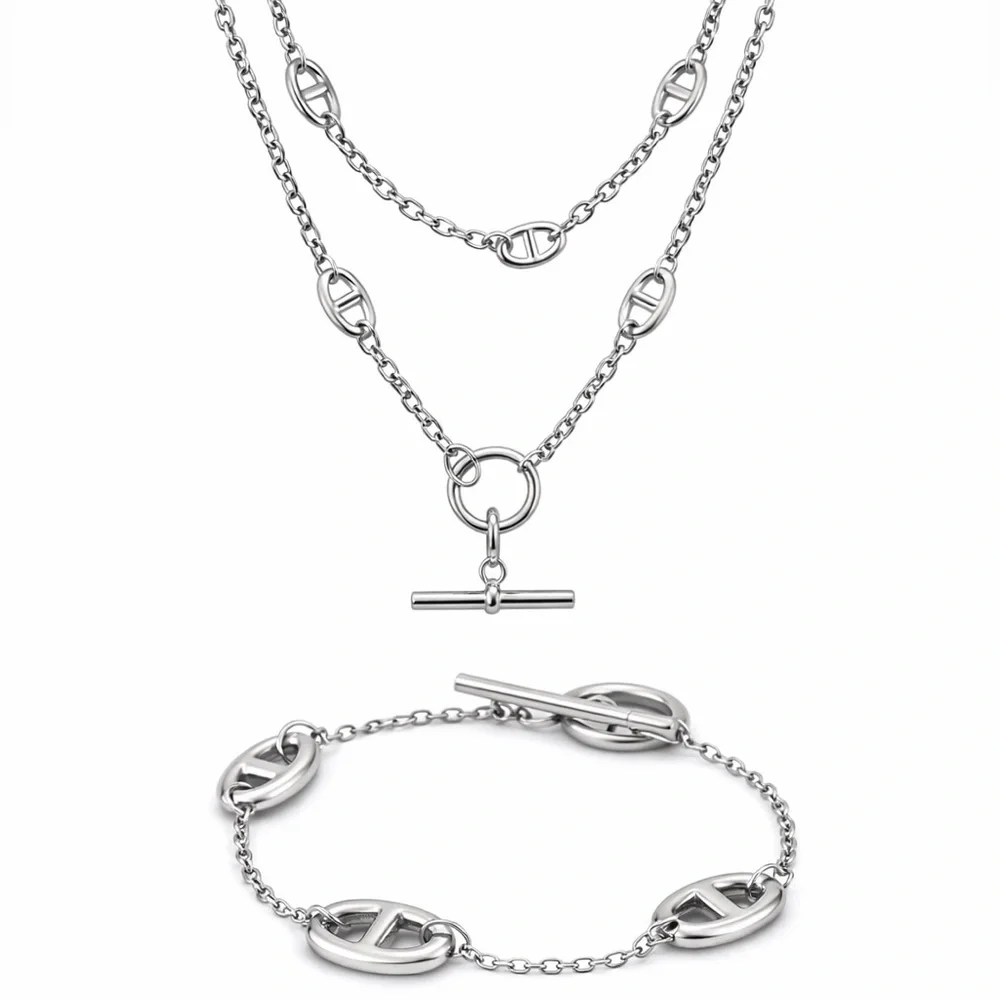 Multilayer Sterling Silver Plated Pig nose Necklace Bracelet Set Stainless Steel